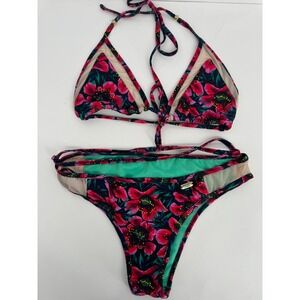 Sese Tropical Floral Bikini Bottom Pink Teal Mesh Cutout Strappy Swimwear‎ Sz M